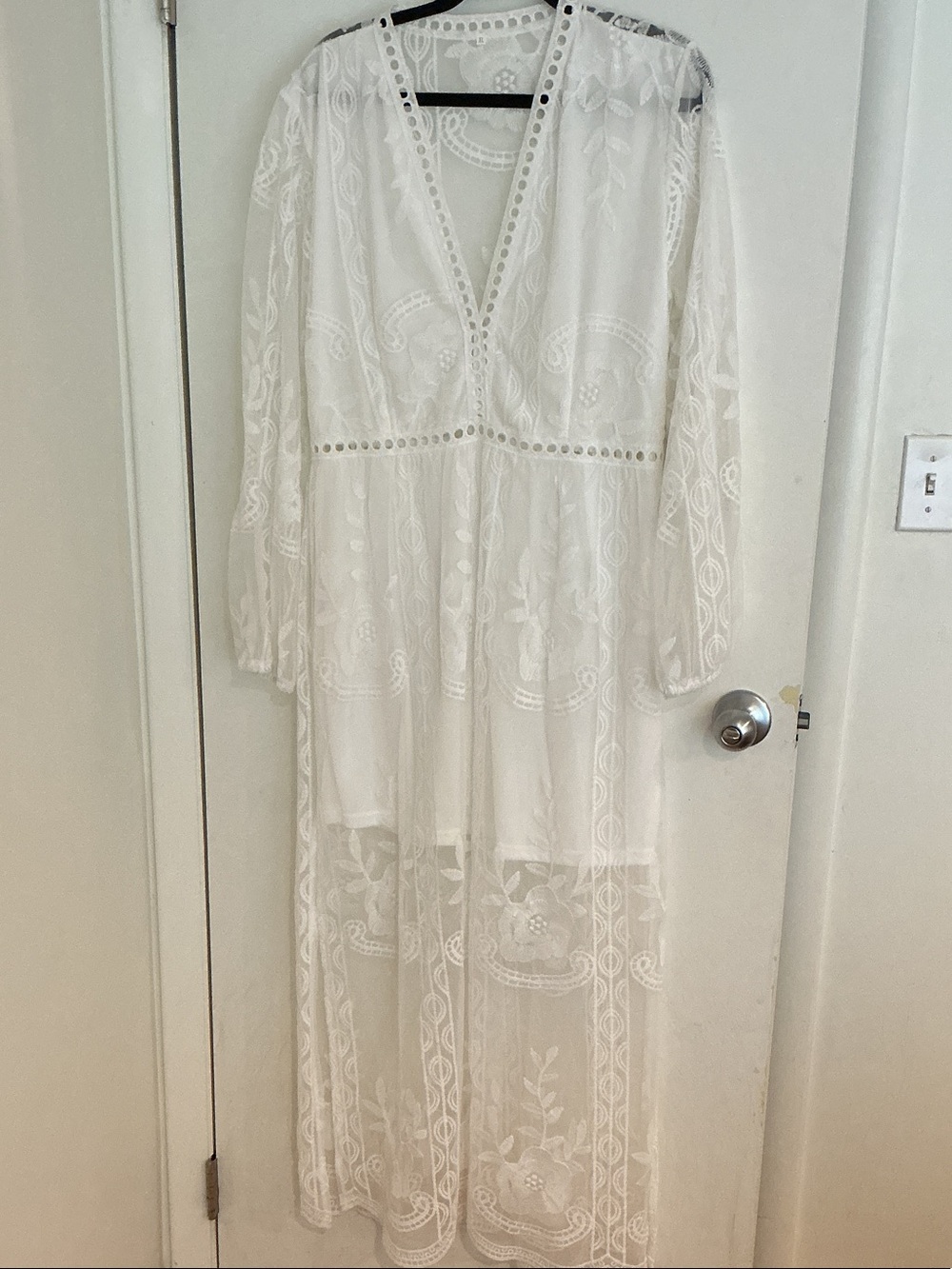 Elegant White Lace Maxi Dress with Sheer Detail